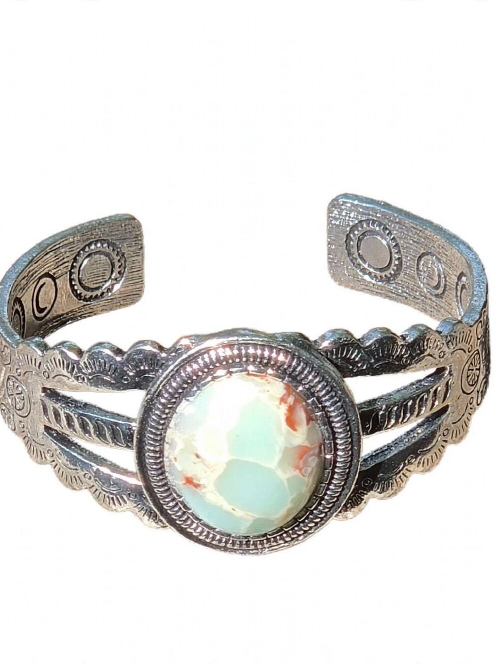 Western Boho Turquoise Cuff Bracelet | Silver Stamped Adjustable Bangle 6.5"